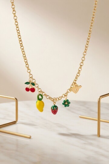 Gold Çilek Ve Limon Figürlü Charm Kolye
