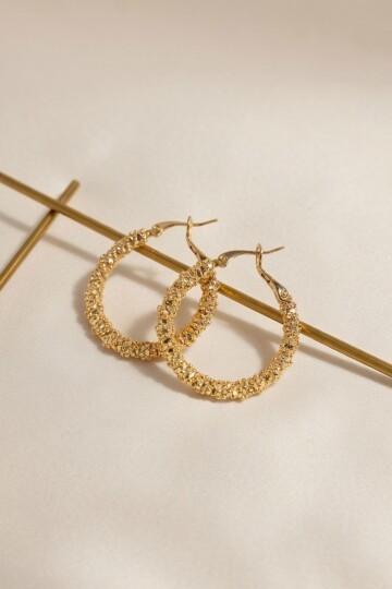 Gold Taşlı Halka Küpe