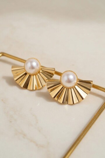 Gold Yelpaze İnci Küpe