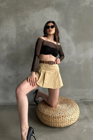 Camel Kendinden Kemerli Pileli Şortlu Etek