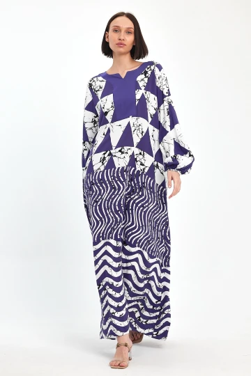 Maxi Boy Lacivert Geometrik Desenli Bisiklet Yaka Uzun Boy Salaş Kesim Dokuma Elbise BCVL-241058