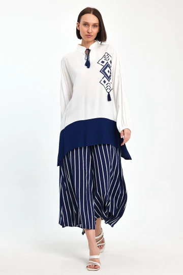 Maxi Boy Lacivert Renk Bloklu Çizgili Pantolon Ve Uzun Tunik Alt Üst Takım BCVL-241021