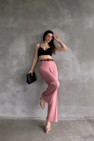 Pudra Beli Kemerli Keten Pantolon