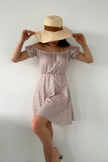 Pudra Madonna Yaka Çiçek Desenli Krinkıl Elbise