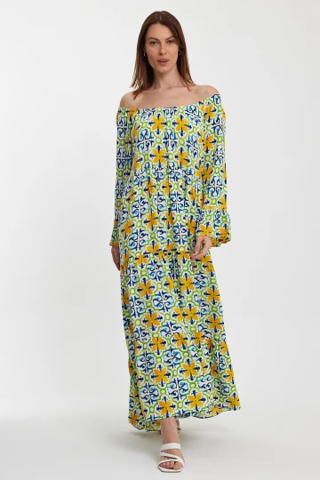 Maxi Boy Sarı Mavi Düşük Omuz Lastikli Desenli Rahat Kesim Uzun Boy Dokuma Elbise BCVL-242251