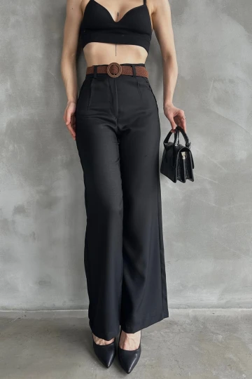 Siyah Beli Kemerli Keten Pantolon BCDF-241103