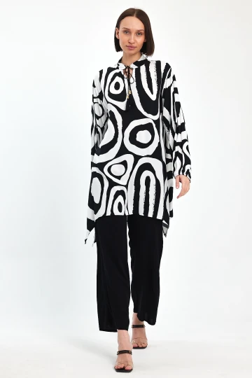 Maxi Boy Siyah Beyaz Geometrik Desenli Pantolon Ve Uzun Tunik Alt Üst Takım BCVL-241017