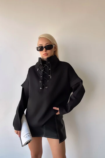 Siyah Dik Yaka Kuş Gözü Bağcıklı Scuba Sweatshirt