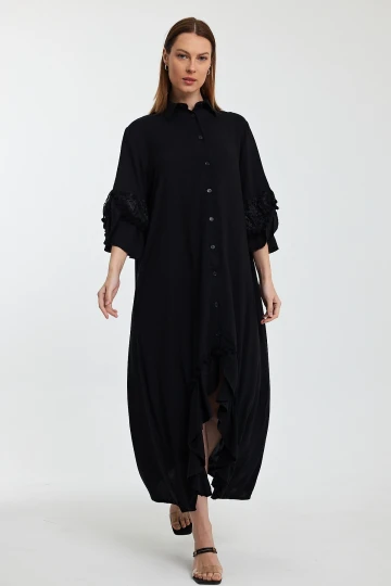 Maxi Boy Siyah Hakim Yaka Güpür Detaylı Uzun Boy Dokuma Gömlek Elbise BCVL-24S50