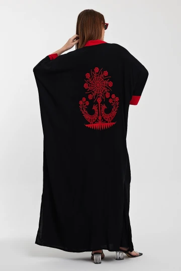 Maxi Boy Siyah Hakim Yaka Nakış İşlemeli Uzun Boy Gömlek Elbise BCVL-24957