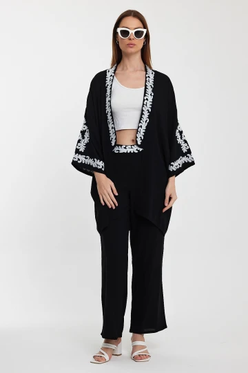 Maxi Boy Siyah Nakış İşlemeli Alt Üst Kimono Pantolon Takım BCVL-24950