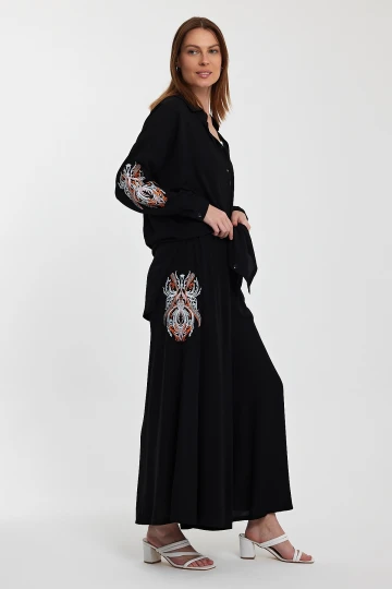 Maxi Boy Siyah Nakış İşlemeli Gömlek Ve Pantolon Dokuma Alt Üst Takım BCVL-24930