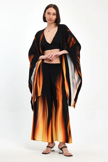 Maxi Boy Turuncu Degrade Desenli Pantolon Ve Kimono Dokuma Alt Üst Takım BCVL-24975