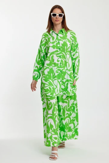 Maxi Boy Yeşil Çiçek Desenli Gömlek Ve Pantolon Dokuma Alt Üst Takım BCVL-248223