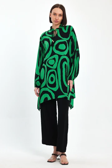 Maxi Boy Yeşil Geometrik Desenli Pantolon Ve Uzun Tunik Alt Üst Takım BCVL-241017