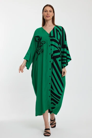 Maxi Boy Yeşil Nakış İşlemeli Renk Bloklu Uzun Boy Dokuma Elbise BCVL-241016
