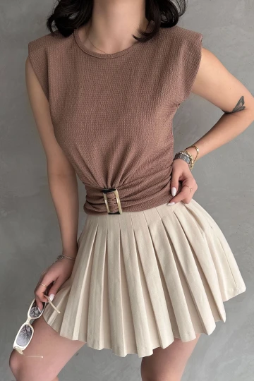 Bej Omuzu Vatkalı Beli Kemerli Bürümcük Bluz BCDF-252164