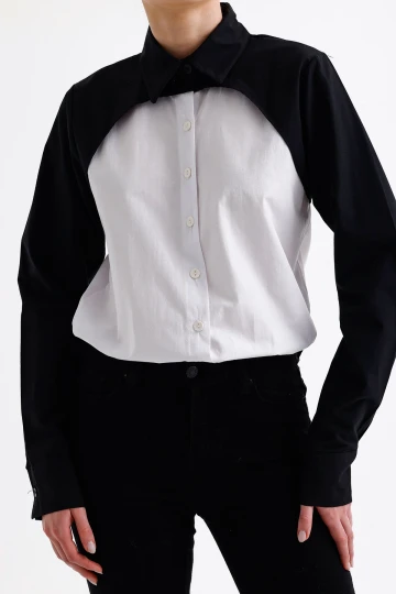 Beyaz Blok Garnili Özel Tasarım Poplin Dokuma Gömlek BC24YG1103