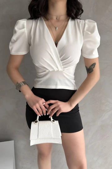 Beyaz Kruvaze Yaka Karpuz Kol Crep Bluz BCDF-252165