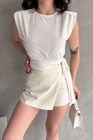 Beyaz Omuzu Vatkalı Beli Kuşaklı Bluz BCDF-252160