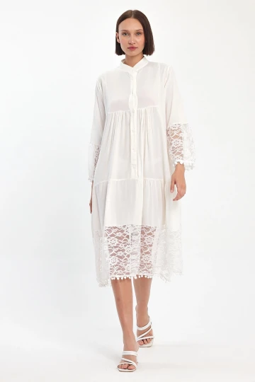 Maxi Boy Beyaz Tül Detaylı Uzun Boy Dokuma Viscon Elbise BCVL-25983