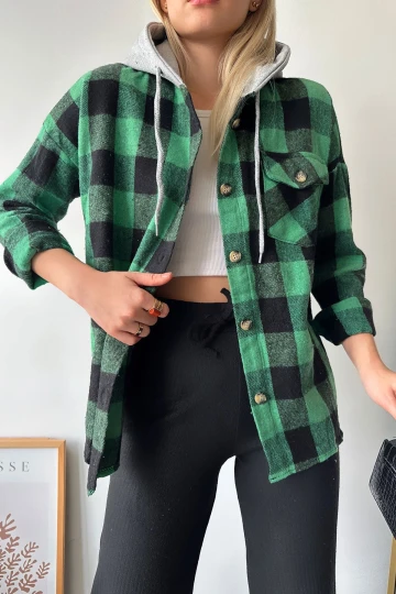 Canlı Yeşil Kapüşonlu Ekose Desenli Oversize Kaşe Gömlek BCPK-236004