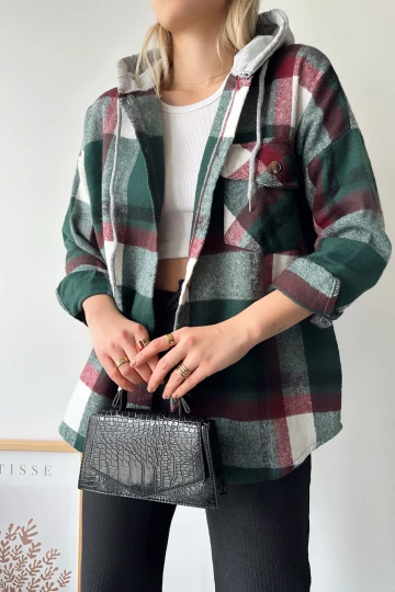 Ceviz Yeşili Kapüşonlu Ekose Desenli Oversize Kaşe Gömlek BCPK-236004