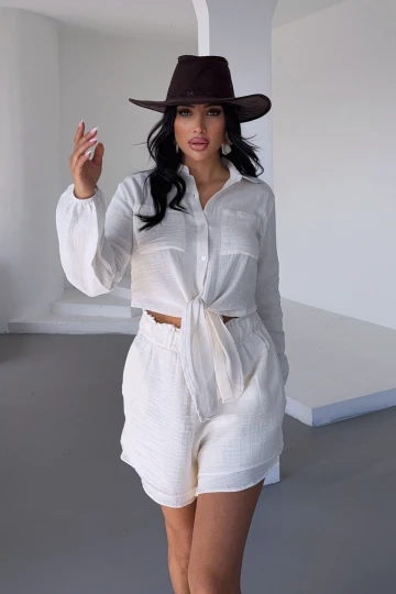 Ekru Müslin Keten Şortlu Alt Üst Takım BCBT-251001