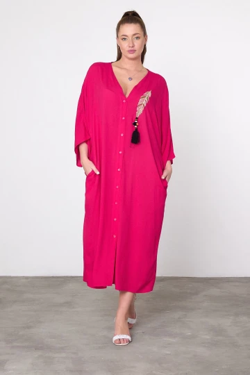 Maxi Boy Fuşya Nakış İşlemeli Dokuma Viscon Elbise BCVL-25V039