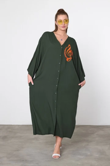Maxi Boy Haki Nakış İşlemeli Dokuma Viscon Elbise BCVL-25V050