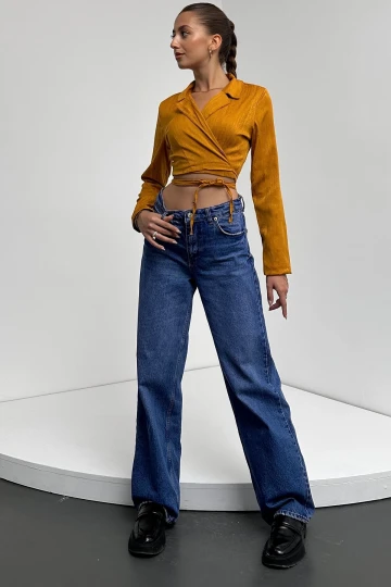 Hardal Gömlek Yaka Beli Bağlamalı Crop Bluz