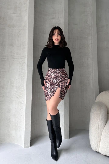 Kahveregi Leopar Desenli Yırtmaçlı Mini Etek BCDF-242144