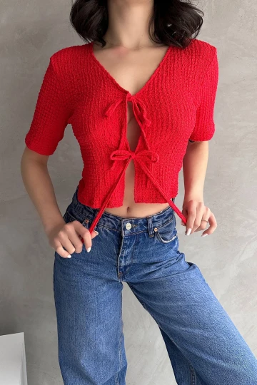 Kırmızı V Yaka Önü Bağlamalı Gofre Crop Bluz BCDF-252169