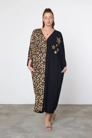 Maxi Boy Leopar Nakış İşlemeli Dokuma Viscon Elbise BCVL-253102