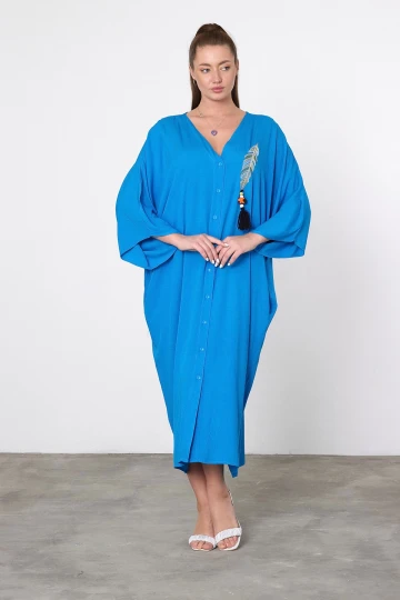 Maxi Boy Mavi Nakış İşlemeli Dokuma Viscon Elbise BCVL-25V039