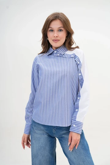 Mavi Özel Tasarım Çizgili Poplin Dokuma Gömlek BC24YG1069