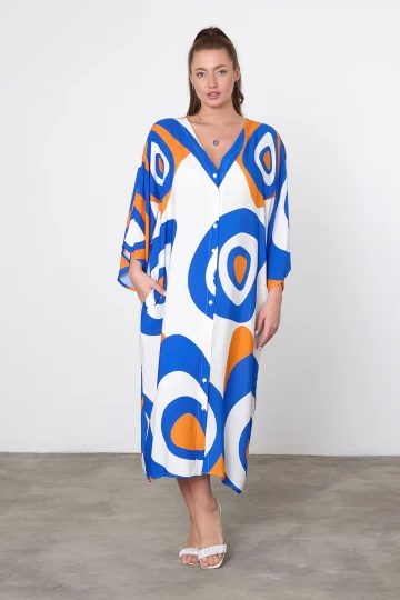 Maxi Boy Mavi Turuncu Baskılı Dokuma Viscon Elbise BCVL-25905