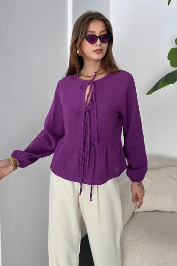 Mor Bağcık Detaylı Etek Ucu Volanlı Keten Bluz BCDF-242106