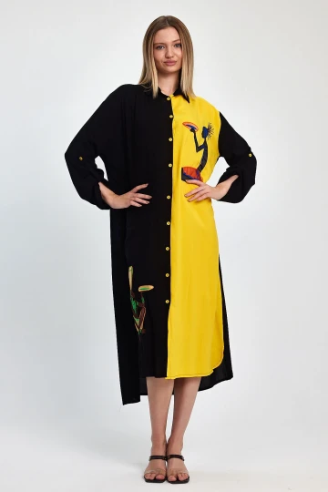 Maxi Boy Sarı Nakış İşlemeli Dokuma Viscon Elbise BCVL-251012