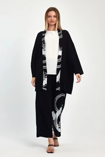 Maxi Boy Siyah Beyaz Baskılı Kimono Ve Pantolon Dokuma Viscon Alt Üst Takım BCVL-251084