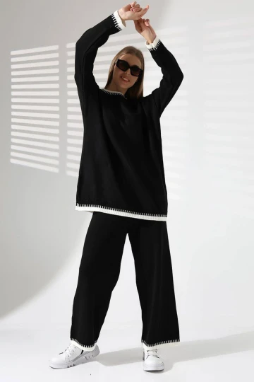 Siyah Bisiklet Yaka Çoban Dikişli Kazak Ve Palazzo Triko Alt Üst Takım BCES-241004