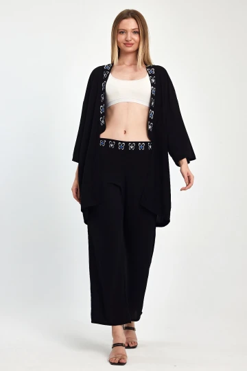 Maxi Boy Siyah Mavi Nakış İşlemeli Ceket Ve Pantolon Dokuma Viscon Alt Üst Takım BCVL-251056