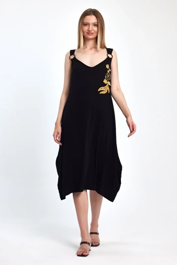Maxi Boy Siyah Nakış İşlemeli Örme Viscon Elbise BCVL-251039