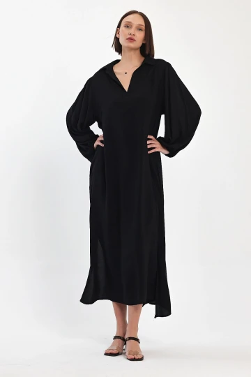 Maxi Boy Siyah V Yaka Dokuma Viscon Elbise BCVL-25920