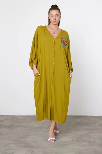 Maxi Boy Yağ Yeşili Nakış İşlemeli Dokuma Viscon Elbise BCVL-25V038