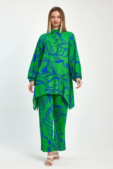 Maxi Boy Yeşil Baskılı Tunik Ve Pantolon Dokuma Viscon Alt Üst Takım BCVL-251055