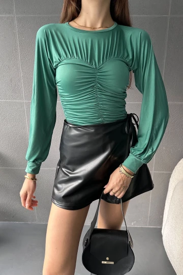 Yeşil Bisiklet Yaka Drape Detaylı Bluz BCDF-241096