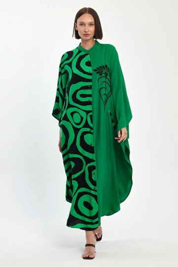Maxi Boy Yeşil Nakış İşlemeli Dokuma Viscon Elbise BCVL-251033
