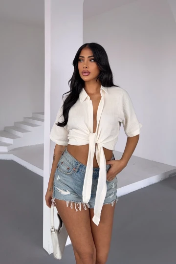 Beyaz Müslin Keten Bağlamalı Bluz BCBT-251000