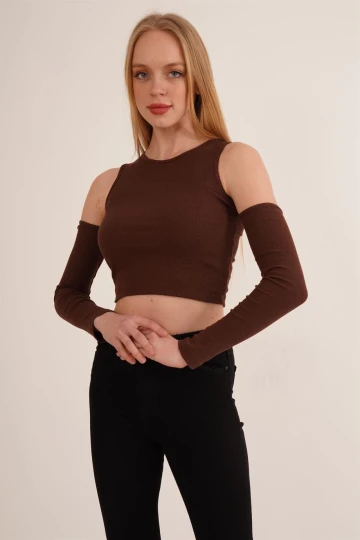 Kahve Omuz Dekoltekli Uzun Kol Pamuklu Kaşkorse Bluz CO-2523254280